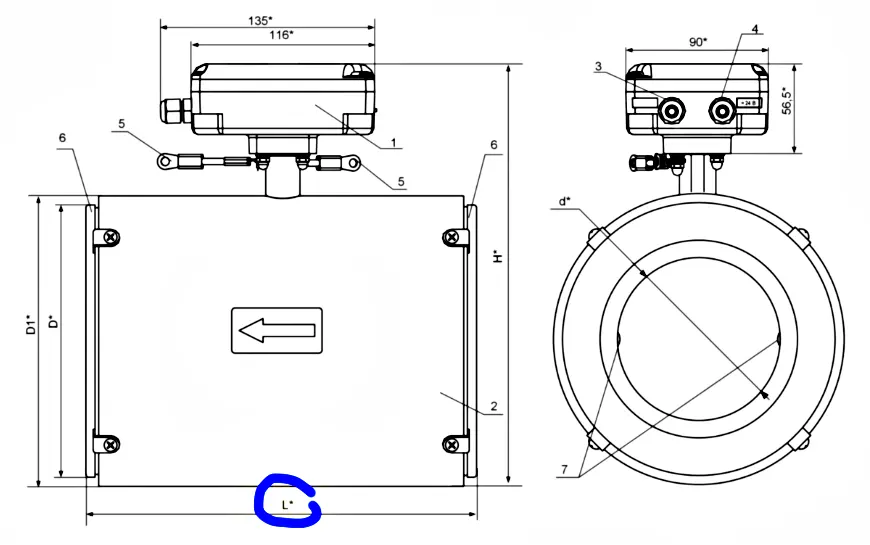 Габаритная схема монтажной длинны расходомера Взлет ЭРСВ 540Л Ду150
