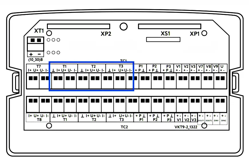 Схема - Клеммные колодки для подключения контактов датчиков температуры к ВКТ-9