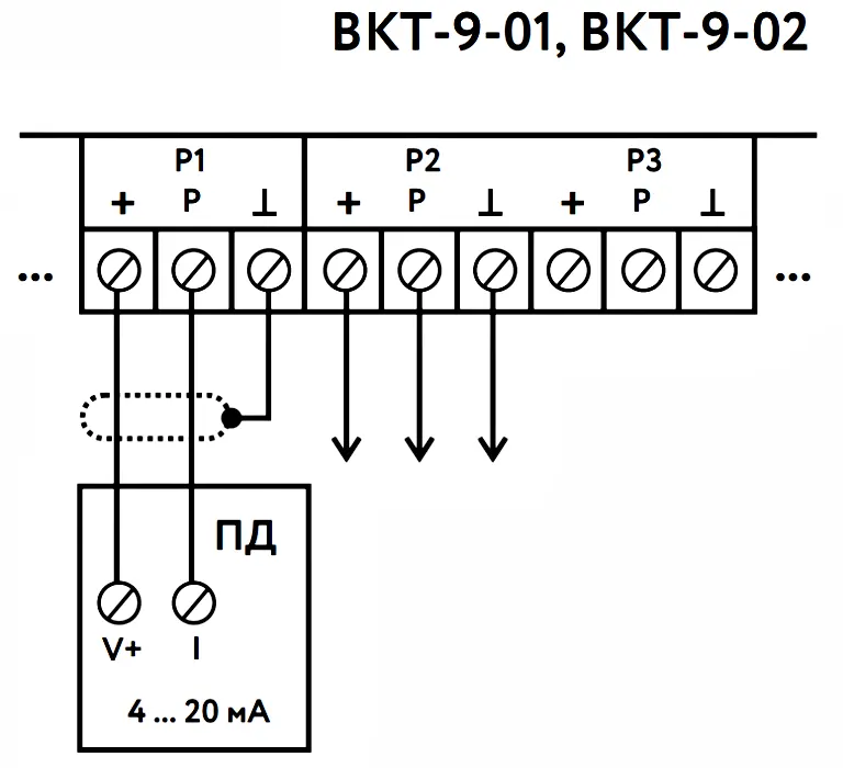 Схема подключения преобразователей давления к ВКТ-9 с модулем питания