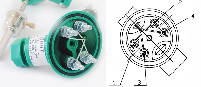 Схема расположения клемм термопреобразователя ТС-Б (КТС-Б)