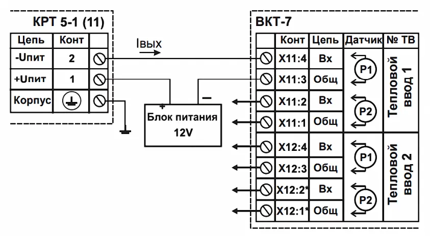 Схема подключения преобразователя избыточного давления КРТ-5 к тепловычислителю ВКТ-7