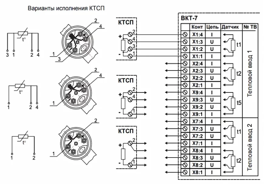 Схема подключения термопреобразователя сопротивления КТСП-Н к тепловычислителю ВКТ-7