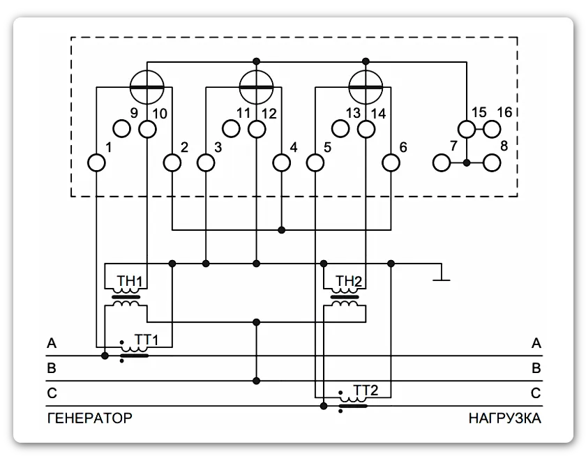 Схема подключения счетчика Меркурий 230 АМ через два трансформатора напряжения и два трансформатора тока